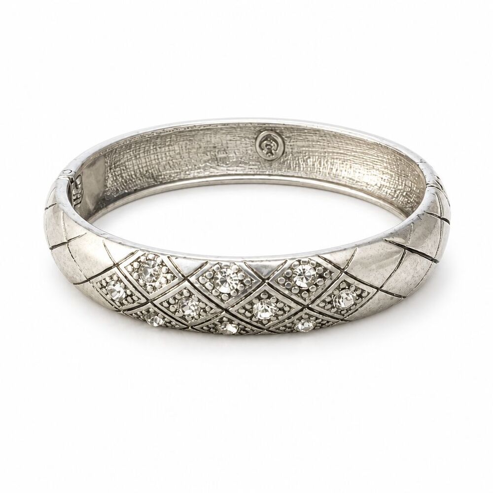Signed Premiere Designs Silver Tone Rhinestone Hinged Cuff Bangle Bracelet 7"